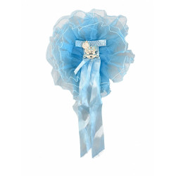 Ozdoba Baby Shower – niebieska kokarda z konikiem na biegunach