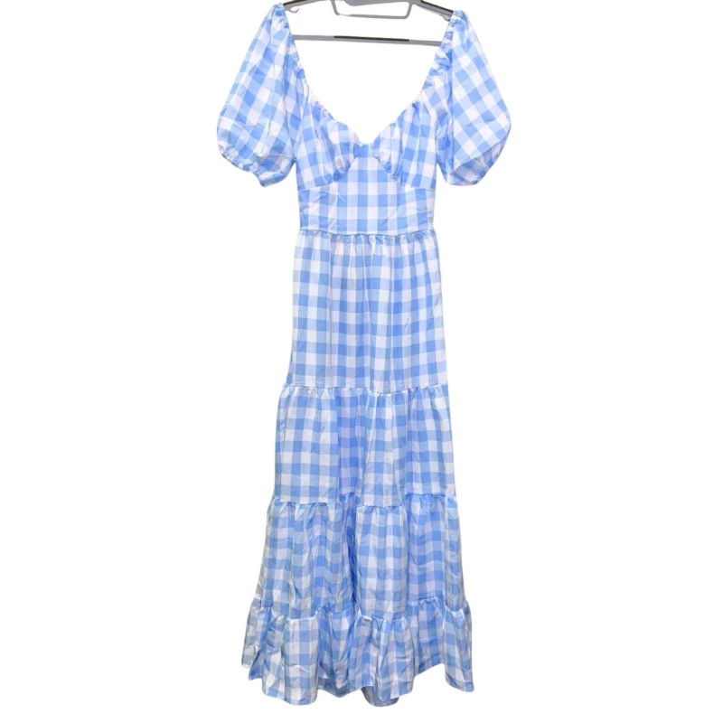 Sukienka maxi w kratkę S odkryte plecy wiązana z tyłu