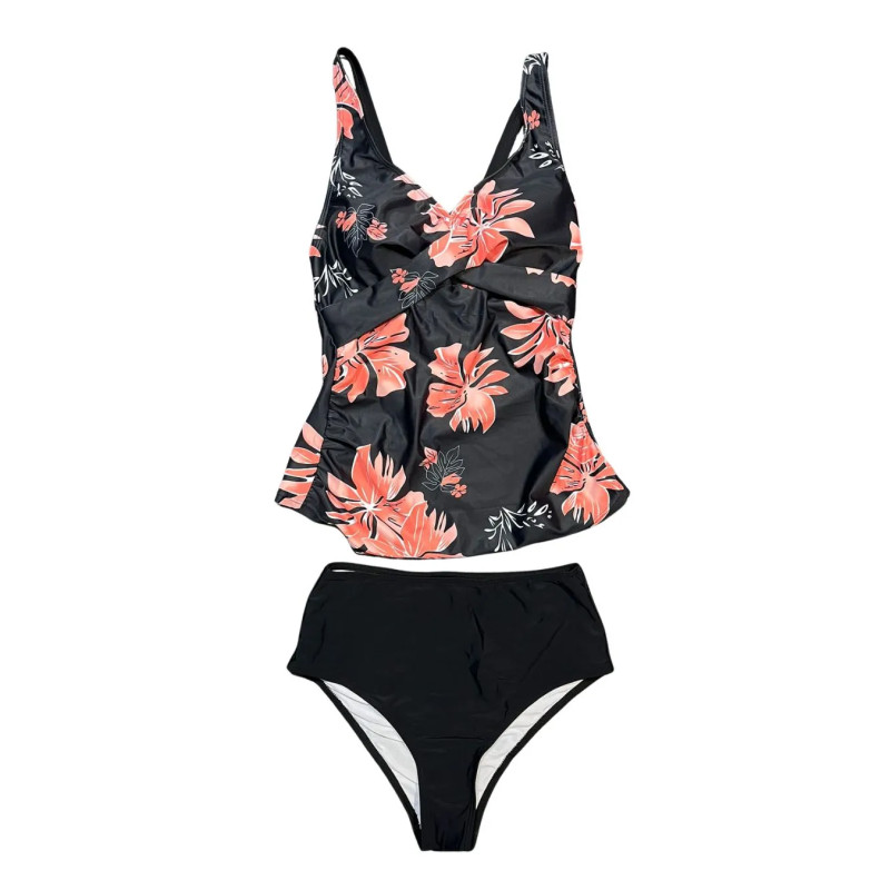 Tankini damskie czarne w kwiaty komplet strój kąpielowy S