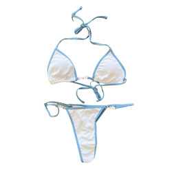 Bikini białe z niebieskim wiązane minimalistyczne S/M