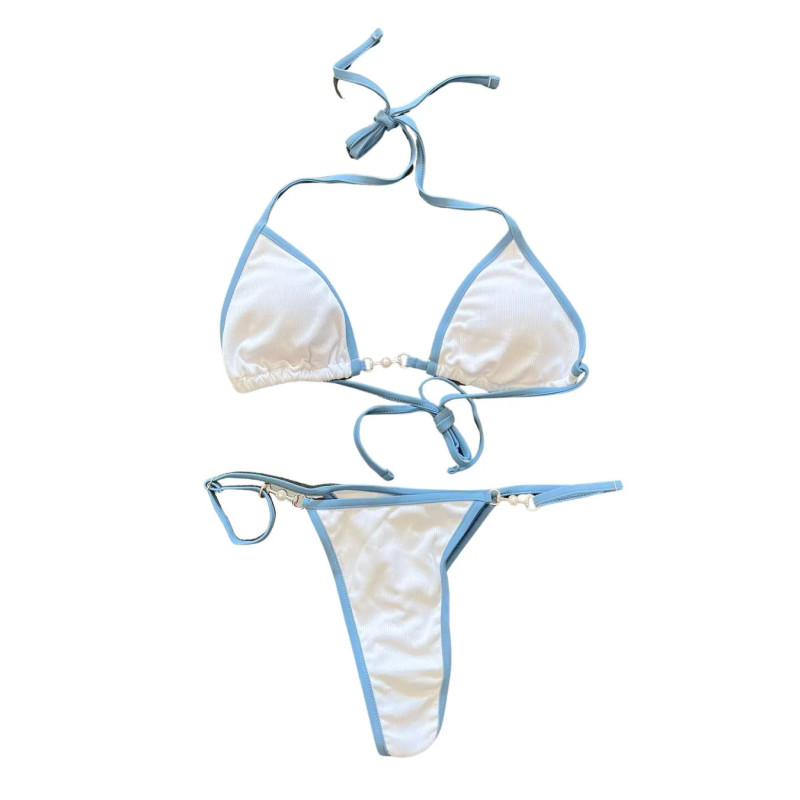 Bikini białe z niebieskim wiązane minimalistyczne S/M