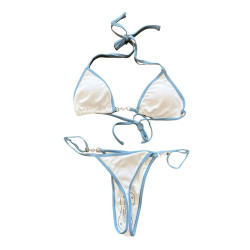 Bikini białe z niebieskim wiązane minimalistyczne S/M